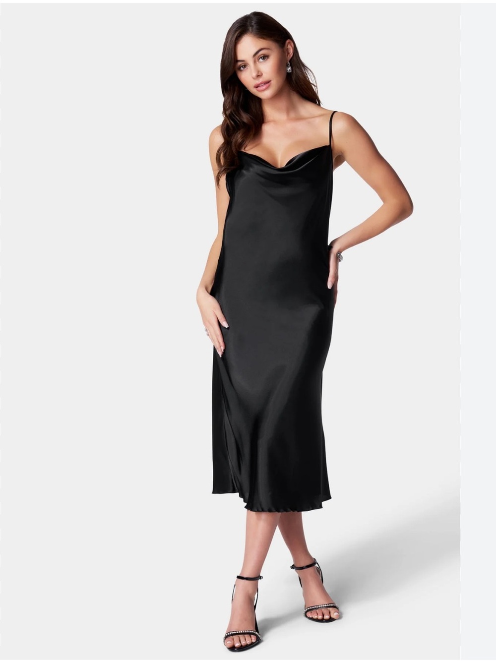 bebe Black Satin Cowl-Neck Slip Midi Dress